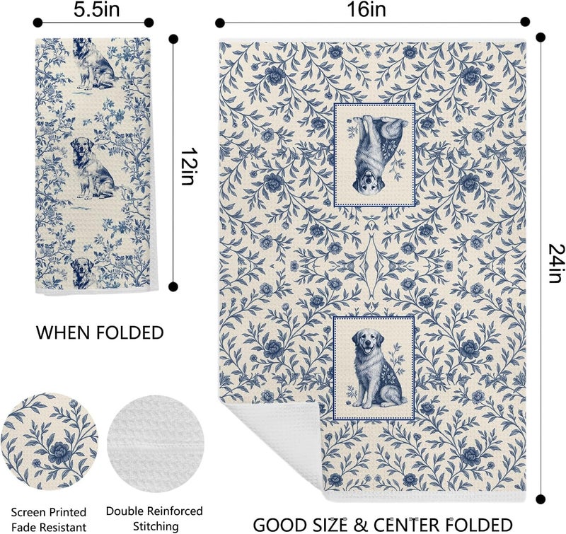 EKGJW Blue Chinoiserie Golden Retriever Kitchen Towels, Gifts for Golden Retriever Lovers Dish Tea Towels for Kitchen, Vintage French Toile Dog Decorative Hand Towel for Bathroom, 16x24 Inch Set of 2 - Image 2